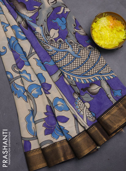 Kalamkari semi silk saree beige and black with allover prints and mangalgiri border