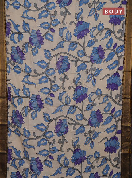 Kalamkari semi silk saree beige and black with allover prints and mangalgiri border