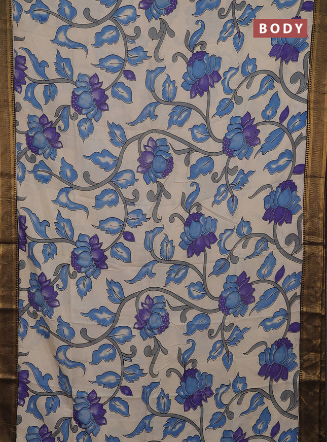 Kalamkari semi silk saree beige and black with allover prints and mangalgiri border