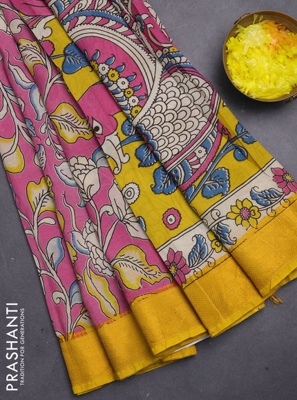 Kalamkari semi silk saree pink and yellow with allover prints and mangalgiri border