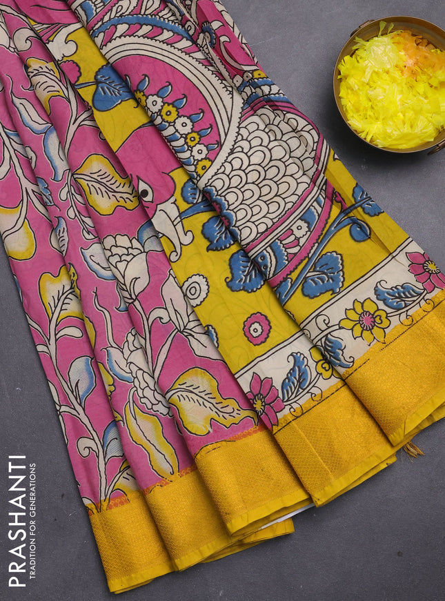 Kalamkari semi silk saree pink and yellow with allover prints and mangalgiri border