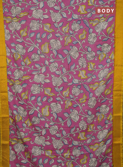 Kalamkari semi silk saree pink and yellow with allover prints and mangalgiri border