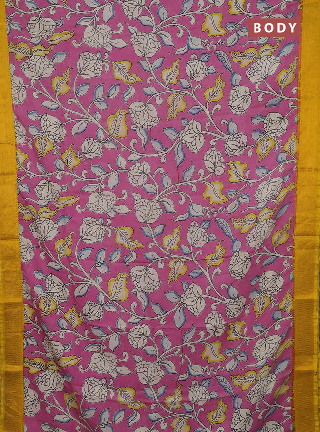 Kalamkari semi silk saree pink and yellow with allover prints and mangalgiri border