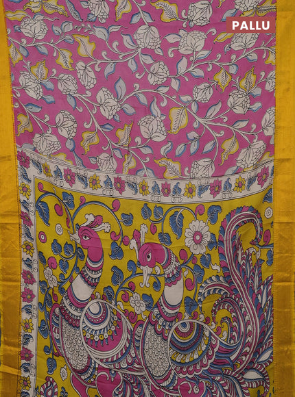Kalamkari semi silk saree pink and yellow with allover prints and mangalgiri border