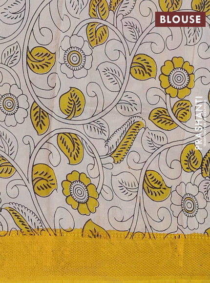 Kalamkari semi silk saree pink and yellow with allover prints and mangalgiri border