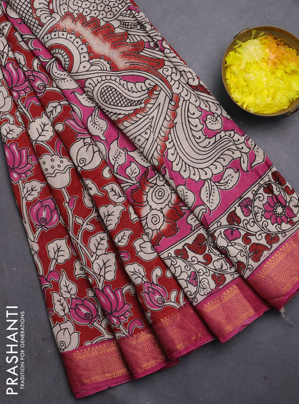 Kalamkari semi silk saree maroon and pink with allover prints and mangalgiri border
