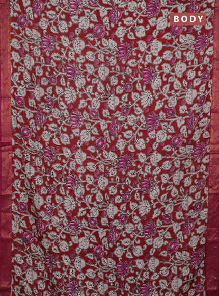 Kalamkari semi silk saree maroon and pink with allover prints and mangalgiri border
