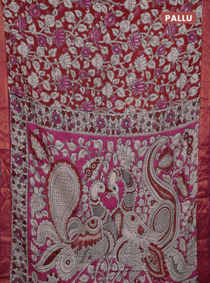 Kalamkari semi silk saree maroon and pink with allover prints and mangalgiri border