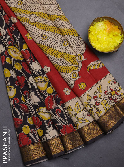 Kalamkari semi silk saree black with allover prints and mangalgiri border