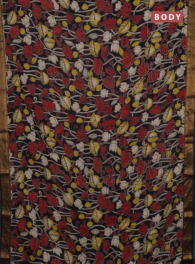 Kalamkari semi silk saree black with allover prints and mangalgiri border