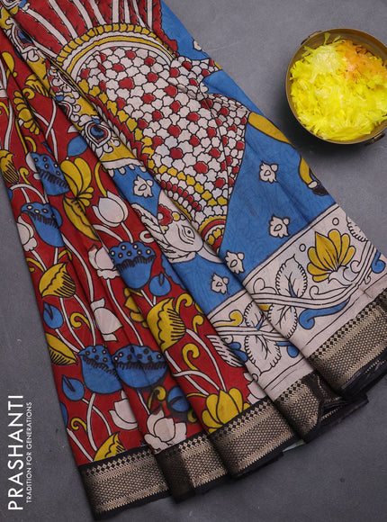 Kalamkari semi silk saree maroon and black with allover prints and mangalgiri border