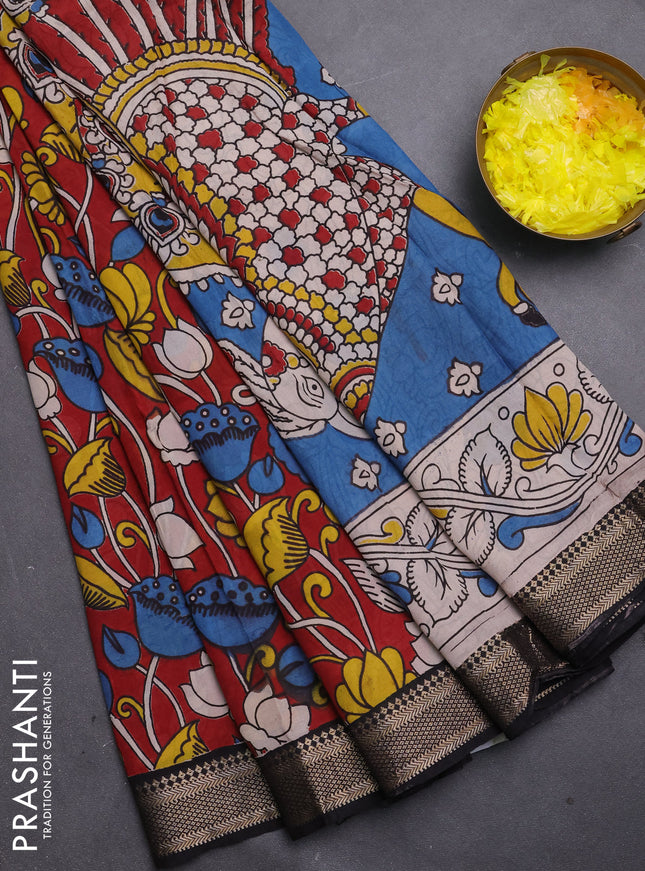 Kalamkari semi silk saree maroon and black with allover prints and mangalgiri border