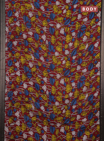 Kalamkari semi silk saree maroon and black with allover prints and mangalgiri border