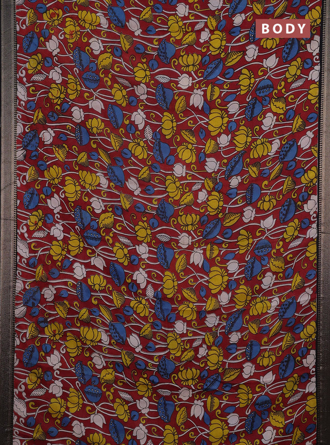 Kalamkari semi silk saree maroon and black with allover prints and mangalgiri border