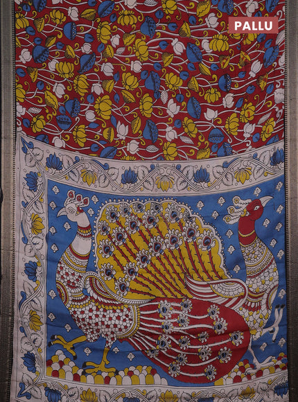 Kalamkari semi silk saree maroon and black with allover prints and mangalgiri border