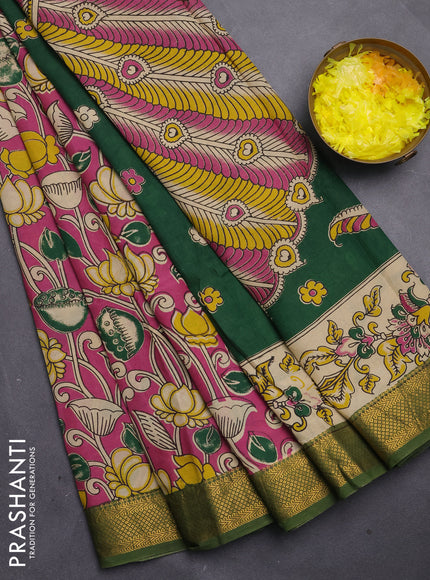 Kalamkari semi silk saree pink and mehendi green with allover prints and mangalgiri border