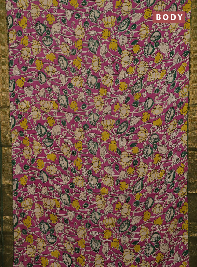 Kalamkari semi silk saree pink and mehendi green with allover prints and mangalgiri border