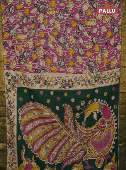 Kalamkari semi silk saree pink and mehendi green with allover prints and mangalgiri border