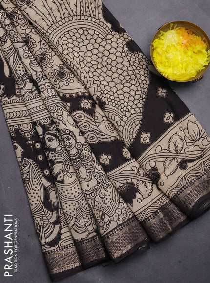 Kalamkari semi silk saree beige and black with allover prints and mangalgiri border