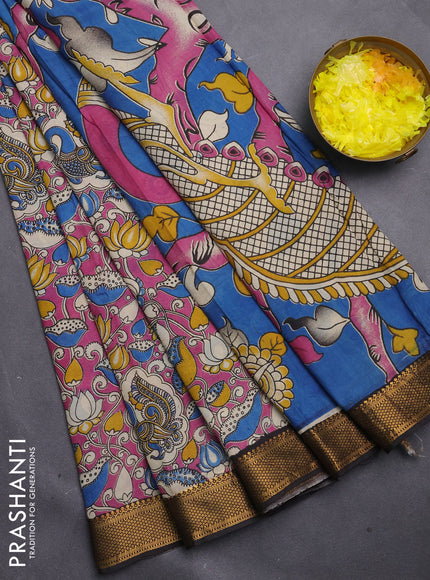 Kalamkari semi silk saree pink and black with allover prints and mangalgiri border