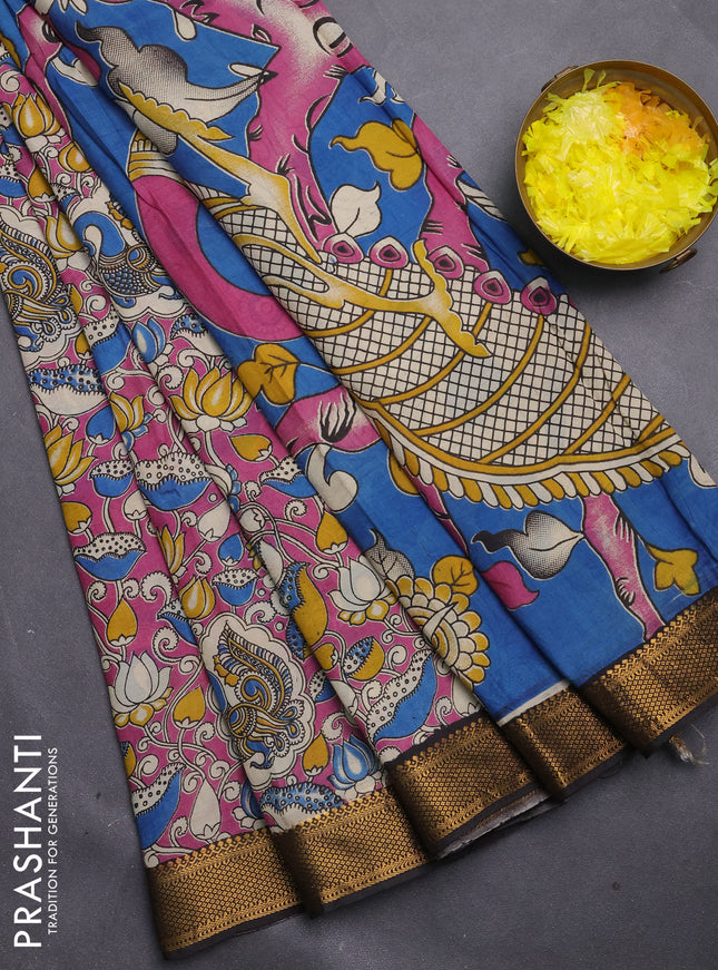 Kalamkari semi silk saree pink and black with allover prints and mangalgiri border