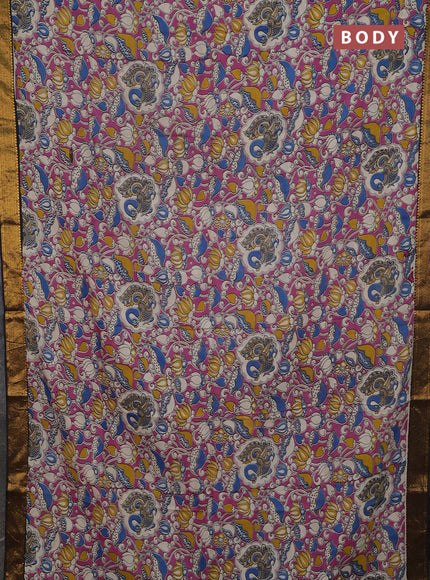 Kalamkari semi silk saree pink and black with allover prints and mangalgiri border