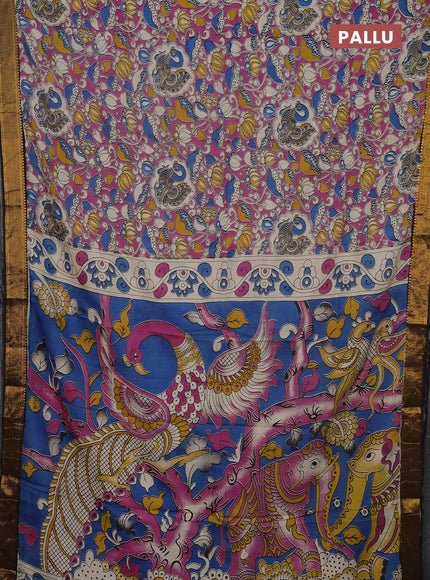 Kalamkari semi silk saree pink and black with allover prints and mangalgiri border