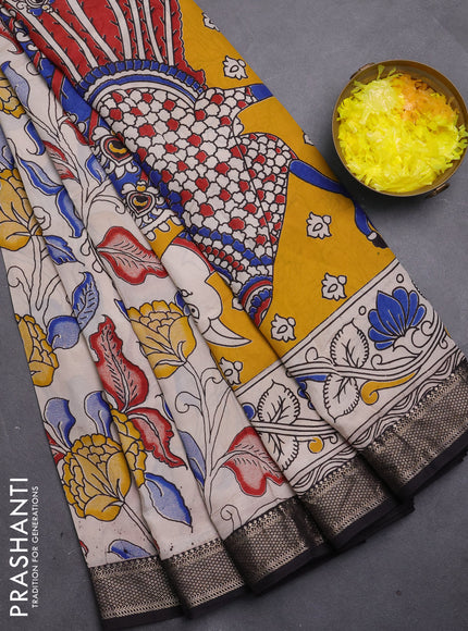 Kalamkari semi silk saree beige and black with allover prints and mangalgiri border
