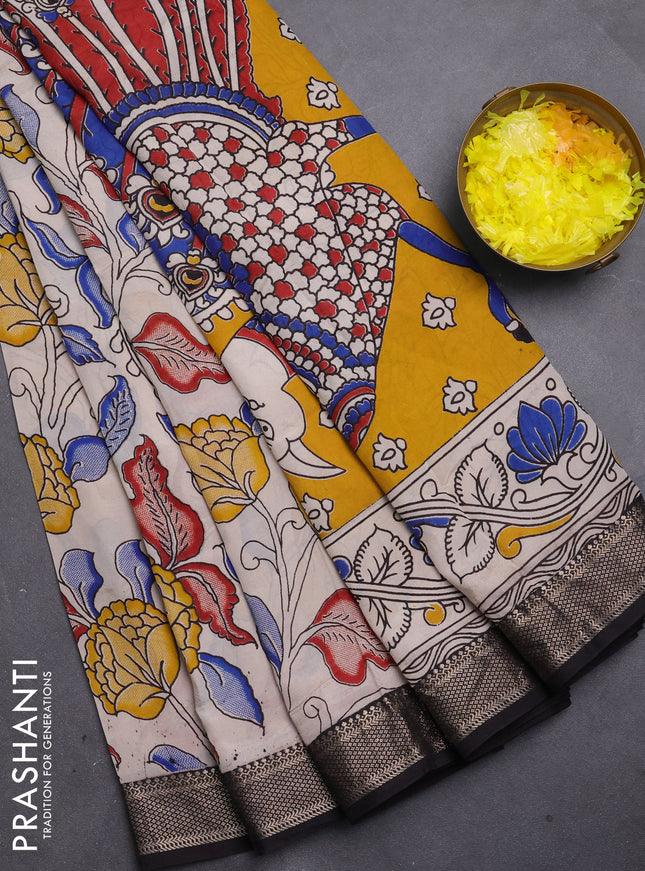 Kalamkari semi silk saree beige and black with allover prints and mangalgiri border