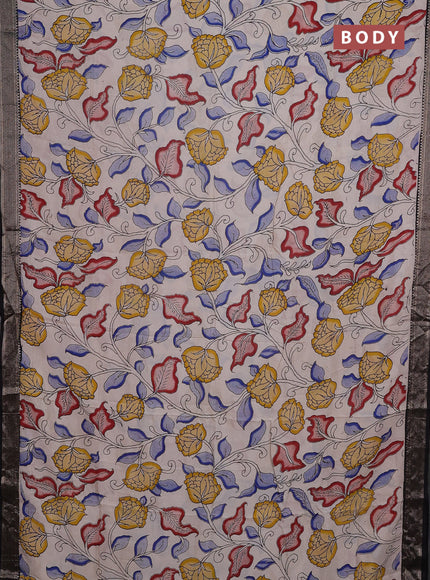 Kalamkari semi silk saree beige and black with allover prints and mangalgiri border