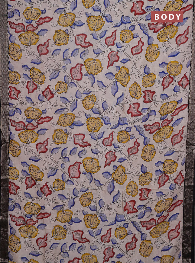 Kalamkari semi silk saree beige and black with allover prints and mangalgiri border