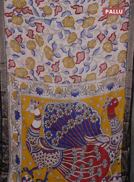 Kalamkari semi silk saree beige and black with allover prints and mangalgiri border