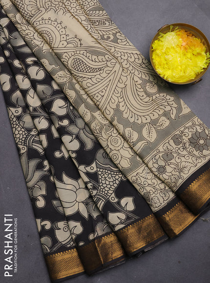 Kalamkari semi silk saree beige and black with allover prints and mangalgiri border