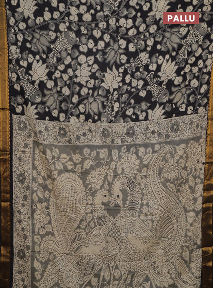Kalamkari semi silk saree beige and black with allover prints and mangalgiri border