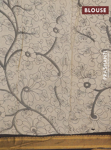 Kalamkari semi silk saree beige and black with allover prints and mangalgiri border