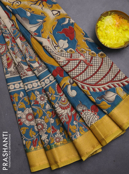 Kalamkari semi silk saree beige and blue yellow with allover prints and mangalgiri border