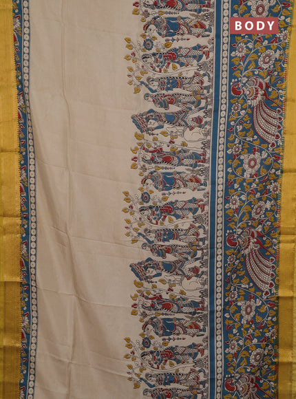 Kalamkari semi silk saree beige and blue yellow with allover prints and mangalgiri border