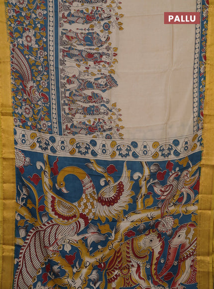 Kalamkari semi silk saree beige and blue yellow with allover prints and mangalgiri border