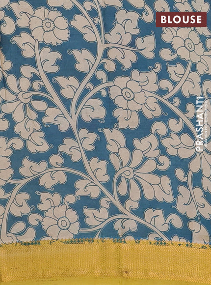Kalamkari semi silk saree beige and blue yellow with allover prints and mangalgiri border