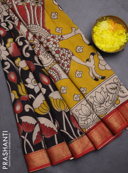 Kalamkari semi silk saree black and rust shade with allover prints and mangalgiri border