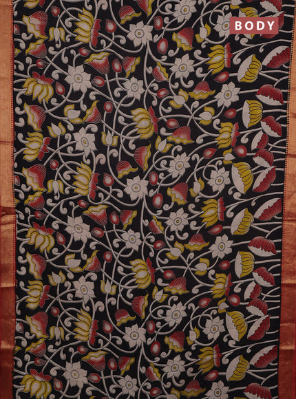 Kalamkari semi silk saree black and rust shade with allover prints and mangalgiri border