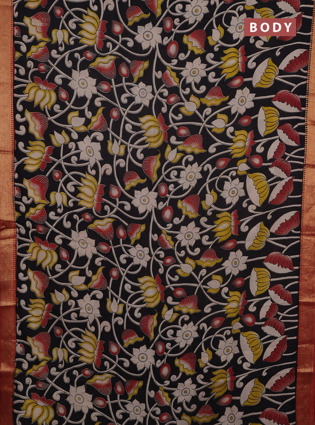 Kalamkari semi silk saree black and rust shade with allover prints and mangalgiri border