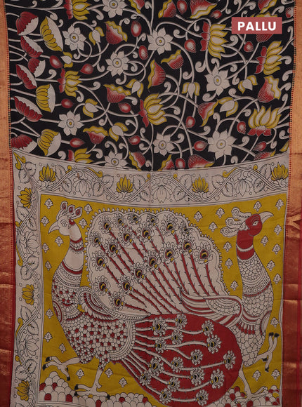 Kalamkari semi silk saree black and rust shade with allover prints and mangalgiri border
