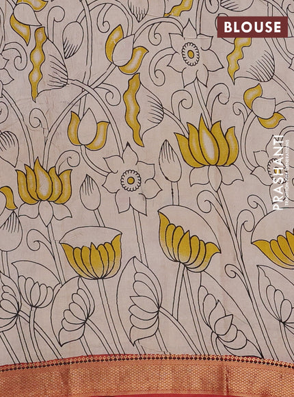 Kalamkari semi silk saree black and rust shade with allover prints and mangalgiri border