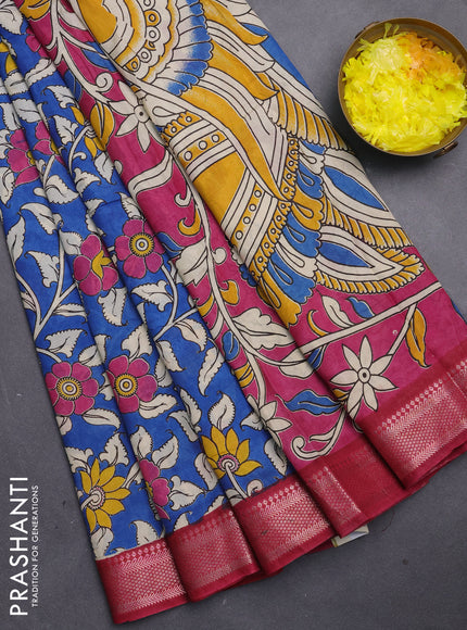 Kalamkari semi silk saree cs blue and maroon with allover prints and mangalgiri border
