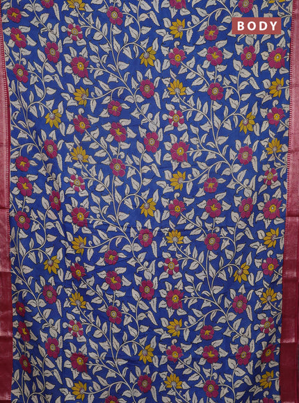 Kalamkari semi silk saree cs blue and maroon with allover prints and mangalgiri border