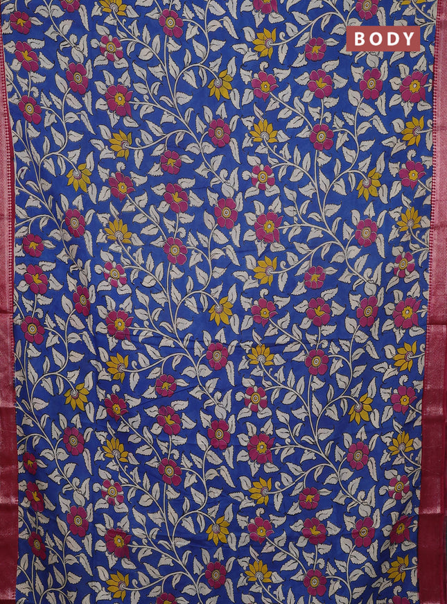 Kalamkari semi silk saree cs blue and maroon with allover prints and mangalgiri border