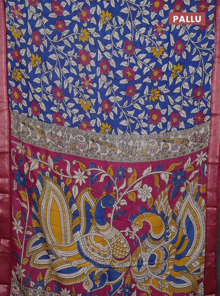 Kalamkari semi silk saree cs blue and maroon with allover prints and mangalgiri border