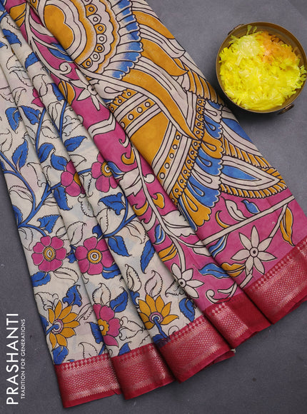 Kalamkari semi silk saree beige and maroon with allover prints and mangalgiri border