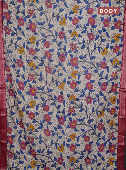 Kalamkari semi silk saree beige and maroon with allover prints and mangalgiri border